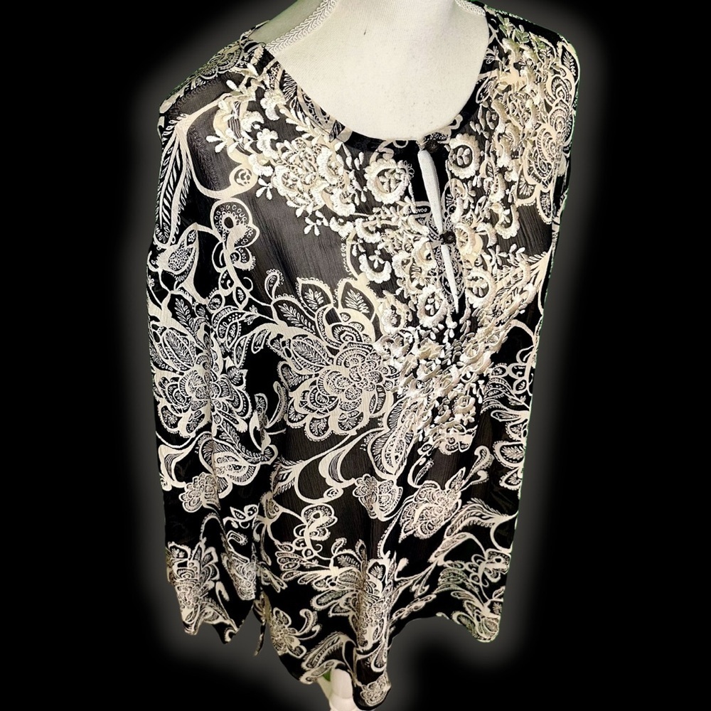 Oscar de la Renta Black & White 100% Silk Embroidered Long Sleeve Tunic Size 12 - Picture 6 of 11
